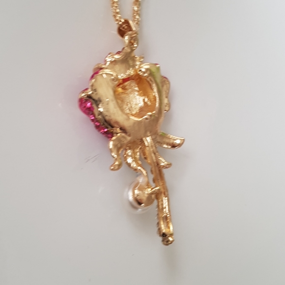 Betsey Johnson Style Necklace Crystal Rose Pendant Chain with Pearl - Picture 13 of 15